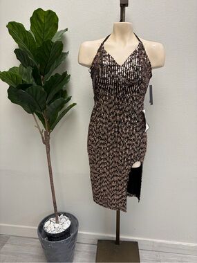 City Studio Rose Gold and Black Sequin Halter Midi Dress